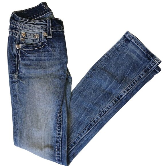 Miss Me Denim - Miss Me Signature Straight Leg Jeans Size 24 Distressed Rhinestone Sequin Pocket
